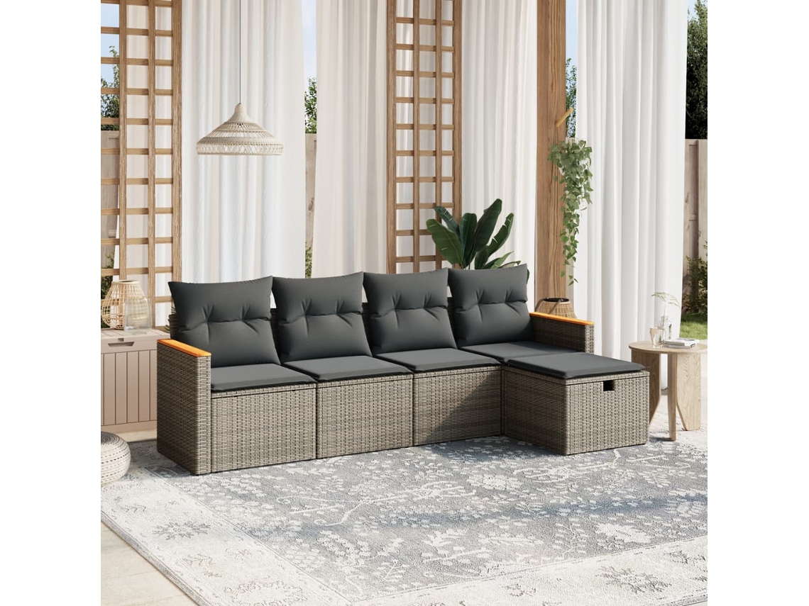 Conjunto de sofá de jardín de 5 piezas con cojines, ratán gris, DKD Home Decor