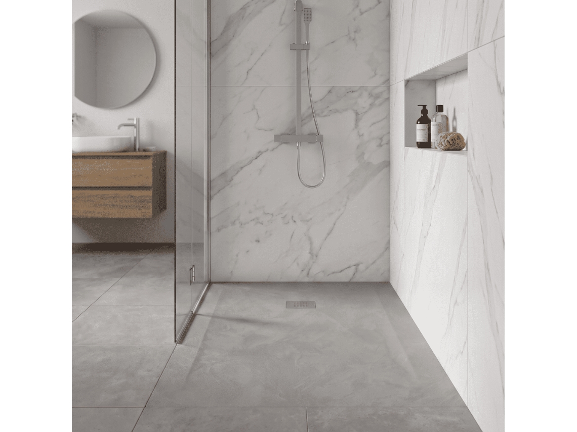 Plato De Ducha De Resina Silex Espatulado Gris 90x90 Cm Rejilla Acero Inox.