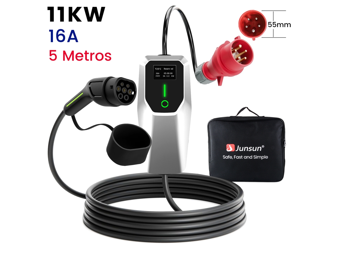 Cable de carga trifásico, 11 kW, Tipo 2, 5 m, para cargador de pared Junsun para vehículos eléctricos, con enchufe CEE de 6 a 16 A.