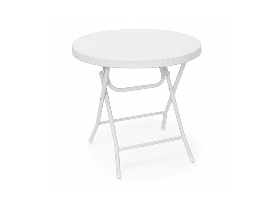 Relaxdays Mesa Terraza Plegable Bastian, Redonda, 74 X 80 X 80 Cm, Efecto Ratán, Para Exterior, Mesita Jardín, Blanco