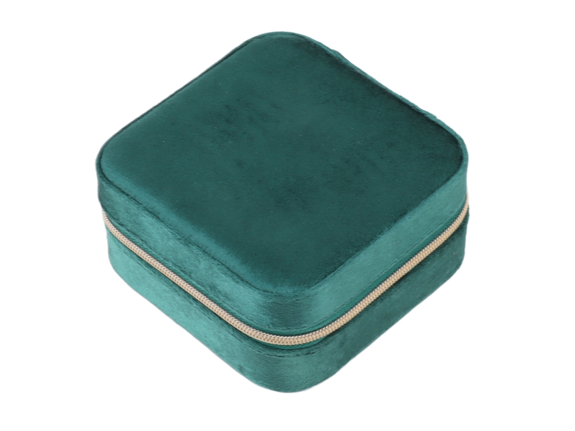 Caja De Joyería Compacta De Terciopelo Verde Oscuro, Organizador De Viaje Portátil Con Cremallera.