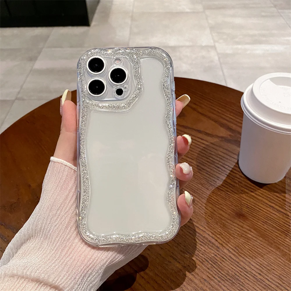(iphone 16 Plus, Plata) Funda De Silicona Suave Con Borde Ondulado Brillante Y Bonito Para Iphone