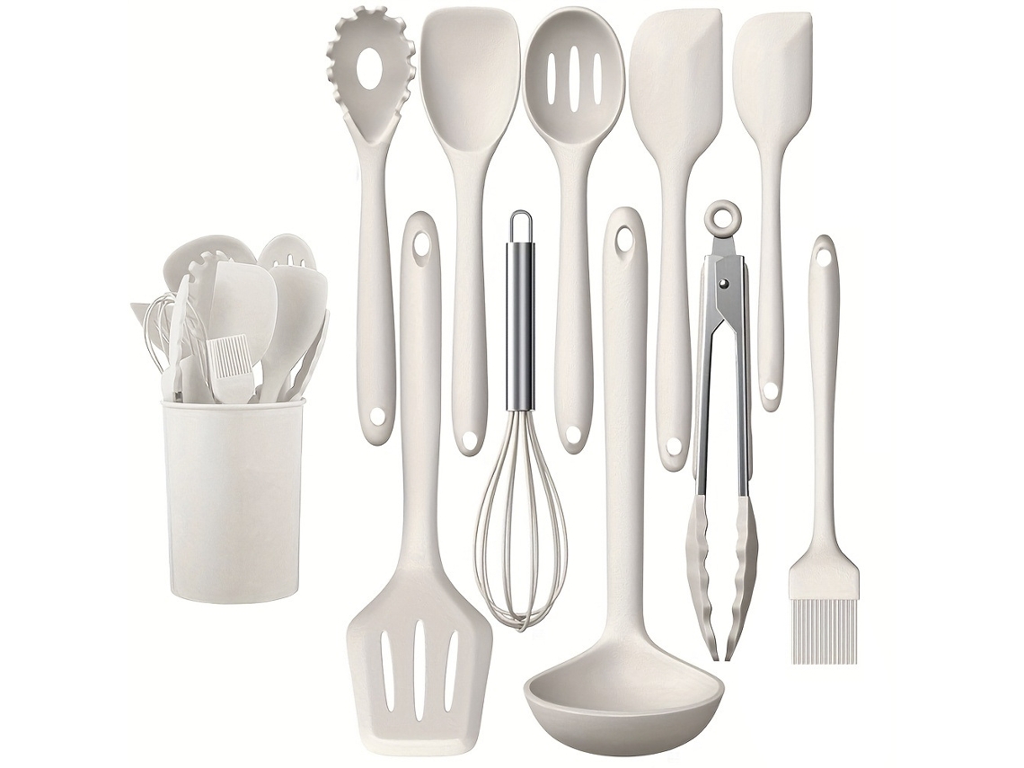 Juego de utensilios de cocina de silicona, 10 piezas, color blanco.