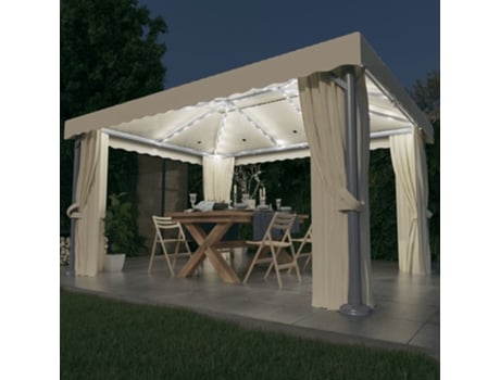 MAISON EXCLUSIVE Cenador con cortina y tira de luces LED aluminio crema 4x3 m