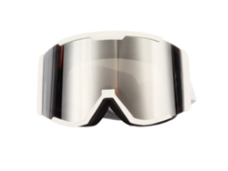Gafas de esquí con doble revestimiento antivaho, protección UV, visión amplia, montura blanca y lentes plateadas.