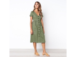 Fasst-vestido Casual De Midi Para Mujer Con Manga Corta Cuello V Botones Y Bolsillos Verano Algodón Poliéster A-line