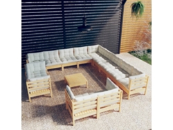 14 Piezas Conjunto Lounge Jardim C/ Almofadões Creme Pinho Maciço Dkd Decoración Del Hogar