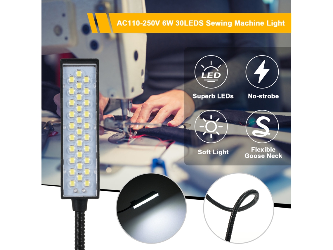 Lámpara para máquina de coser 2026 con 30 LED, base fija y tubo flexible, luz de alto brillo para tareas domésticas y costura.