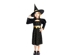 Disfraz de Bruja Elegante negro y dorado con lazo para niña