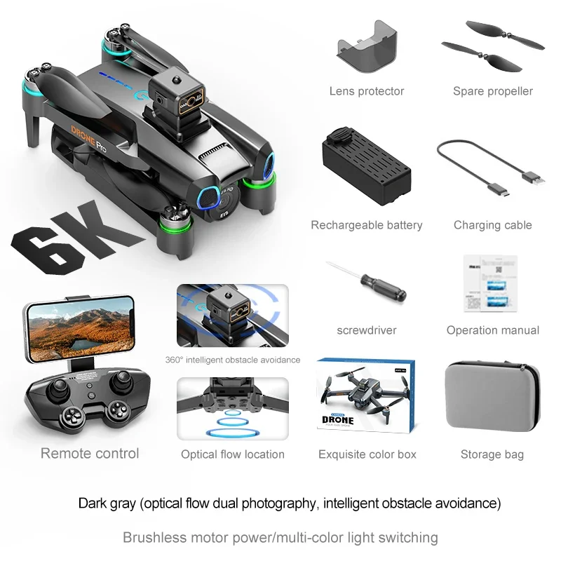 (Negro 6k) Drone Profesional con Control Remoto sin Escobillas, ESC de Alta Definición y Cámara Aérea.