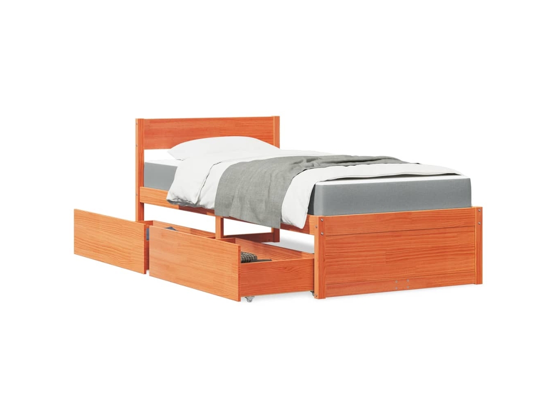 Cama Con Cajones Y Colchón Madera Maciza Pino Marrón 100x200 Cm