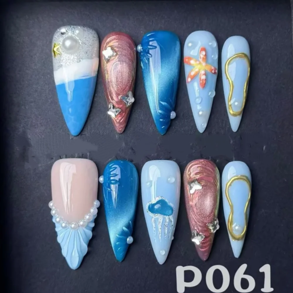 (p061-m) Set De 10 Uñas Postizas Hechas A Mano, Tipo Prensado