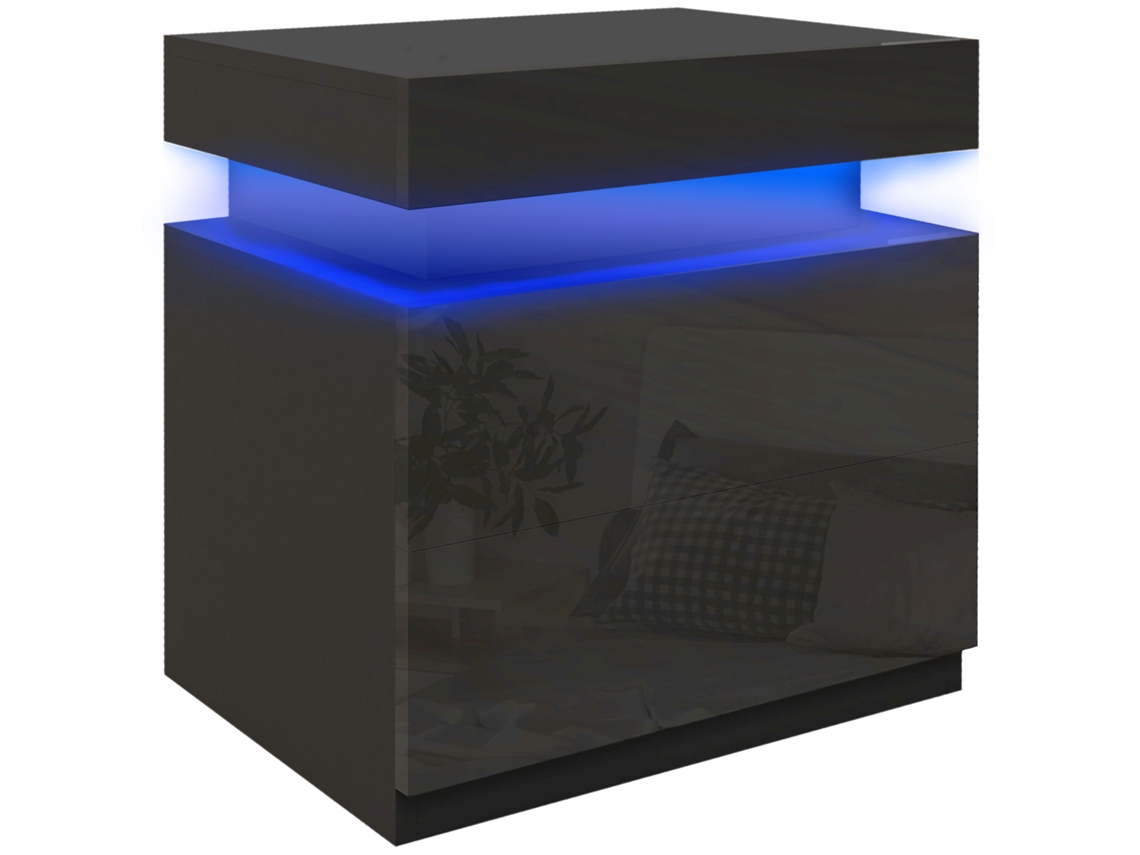 Mesita De Noche Led Con 2 Cajones, Aprox. 45x35x52cm, Negra, Para Dormitorio.