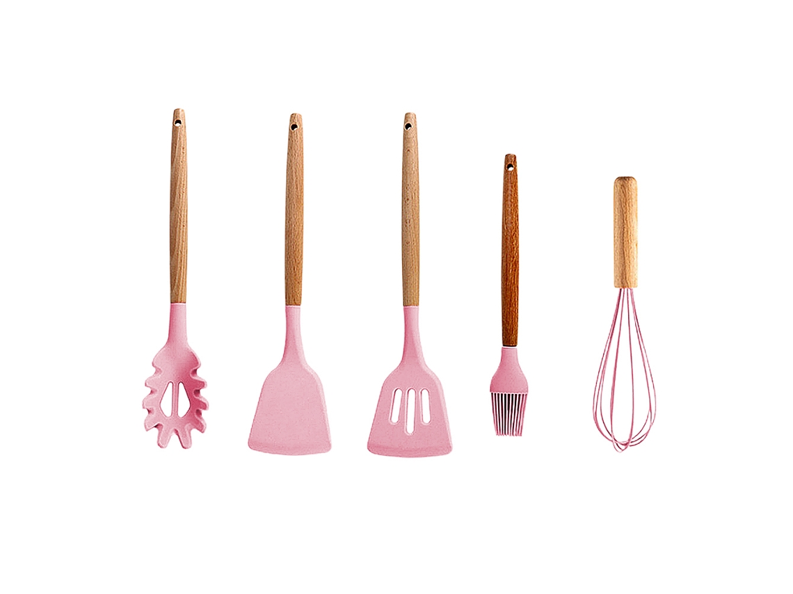Utensilios De Cocina De Silicona Con Mango De Madera - Juego De 5 Piezas JEIIBRZUI