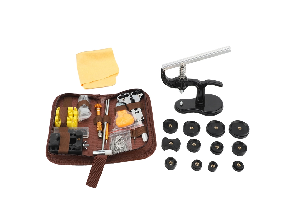 Kit de reparación de relojes con prensa, funda, pinzas, herramientas y abridor.