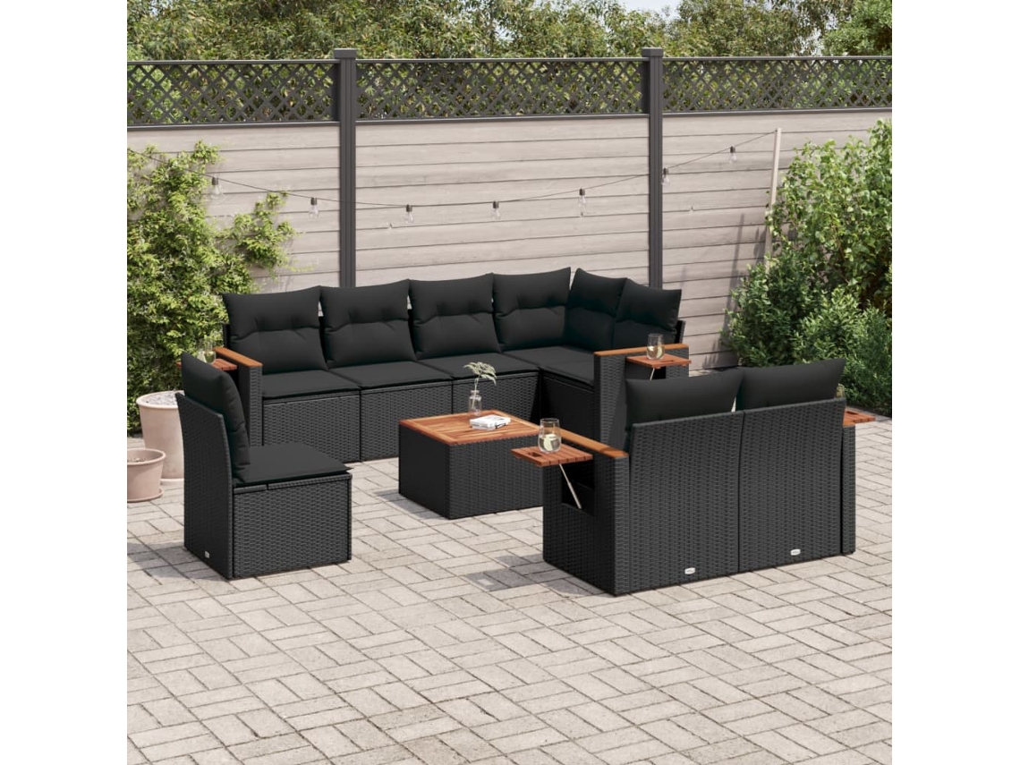 Conjunto de sofá de jardín de 9 piezas con cojines, ratán negro, Dkd Home Decor