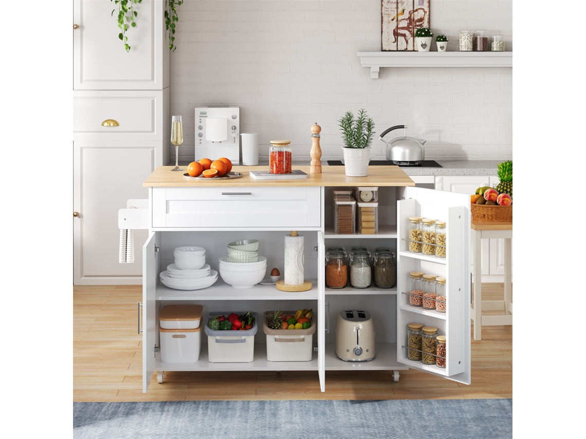 Mesa de Cocina Móvil, 132.544 90 cm, con Tablero Plegable, Acabado Roble y Mueble Multifuncional. (70)