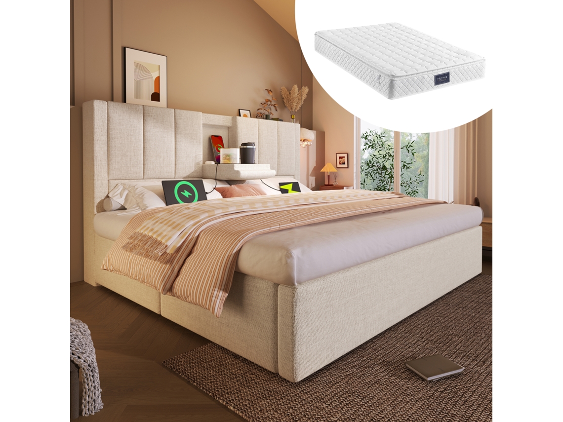 Cama Tapizada 160x200 Cm - Con Almacenamiento, Soporte Para Bebidas Y Carga, Lino Beige