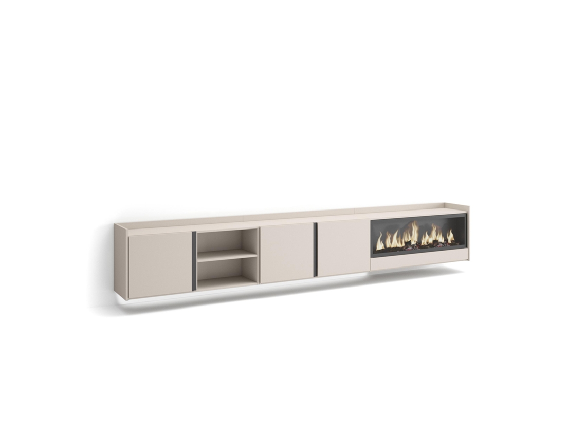 Mueble para TV, 315x35x50cm, para televisores de hasta 80'', chimenea eléctrica XXL, de pared, LED, color beige.
