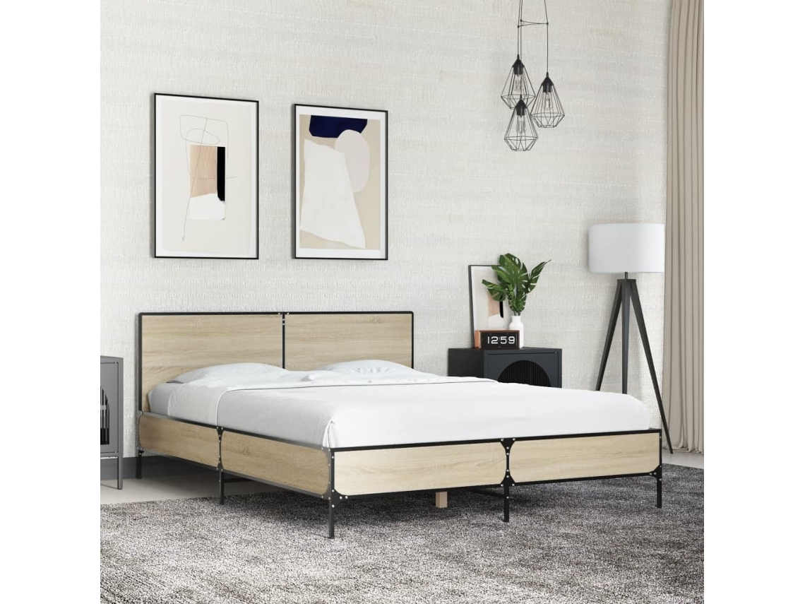 Estructura Cama Madera Ingeniería Metal Roble Sonoma 135x190 Cm
