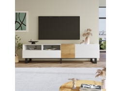 Mueble Tv, 180x38x50 Cm, 2 Puertas, 2 Cajones, 2 Nichos Abiertos, Patas De Metal Negro, Diseño Minimalista, Blanco Y Madera
