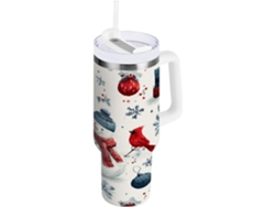 Taza térmica navideña con muñecos de nieve, 1200 ml, con pajita y tapa de acero inoxidable, sin marca.