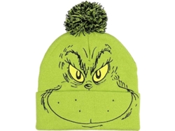 Gorro De Lana Versátil Y Caliente Con Cara De Grinch Bordada, Pompones Y Puño, Verde, Talla Única