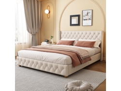 Elegante Cama Doble De 160x200 Cm, Color Beige, Capitoné, Patas De Madera.