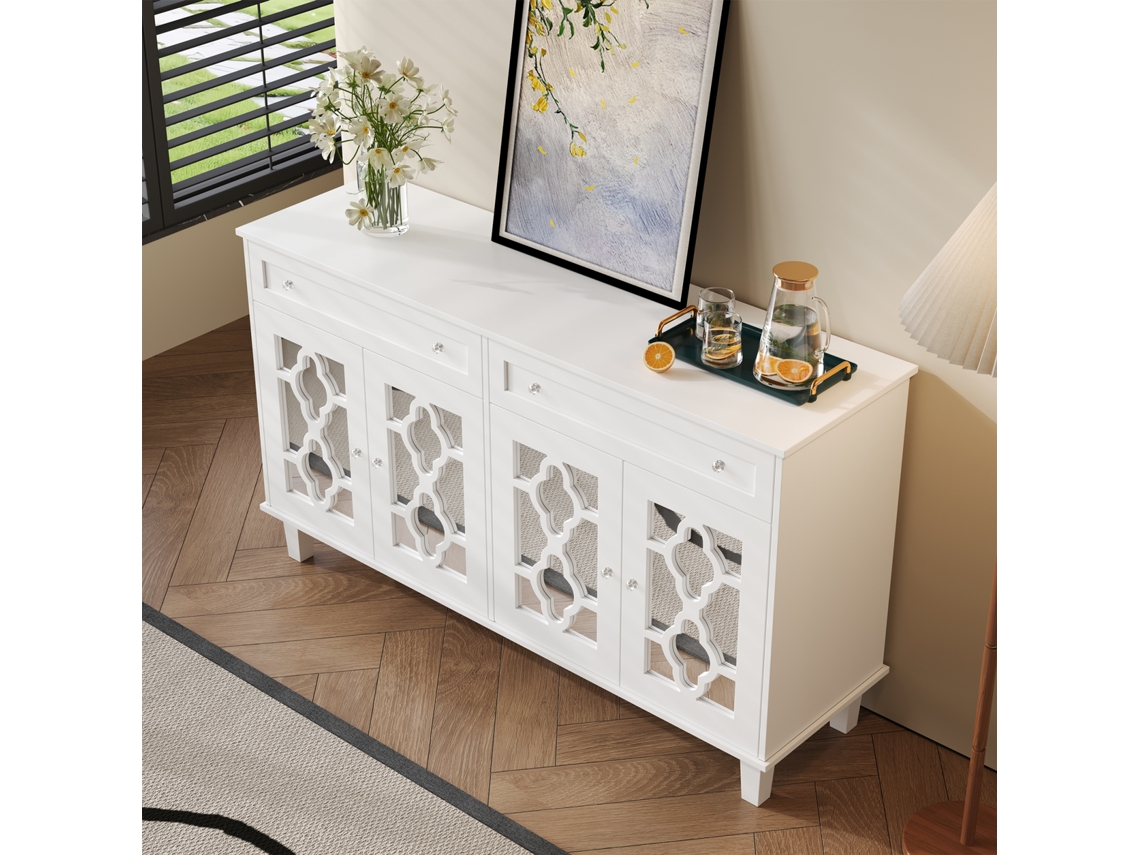 Aparador de 140x40x83cm - Con 4 puertas con espejo y 2 cajones - Estantes ajustables y tiradores de cristal - Blanco