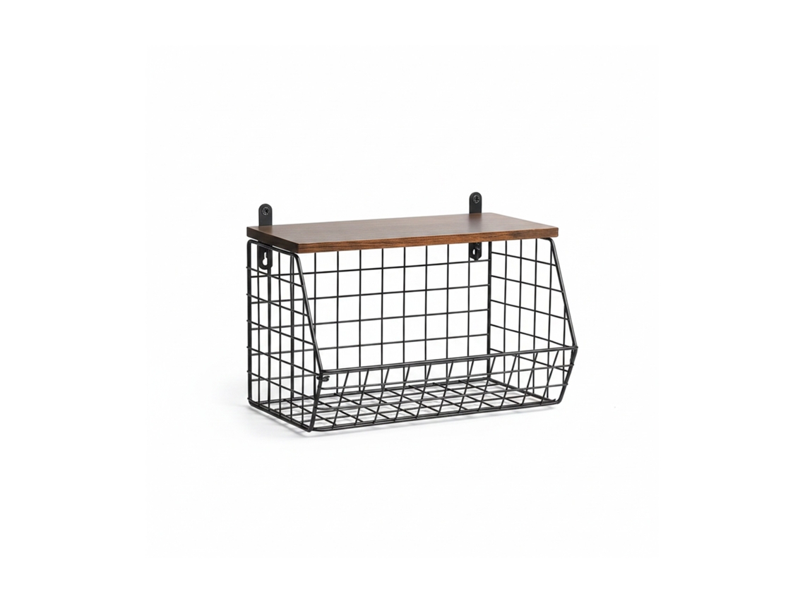 Relaxdays Estante De Pared Para Fruta, Organizador De Cocina, Hbt: 22 X 30 X 20 Cm, Cesta Metálica, Negro/marrón Oscuro