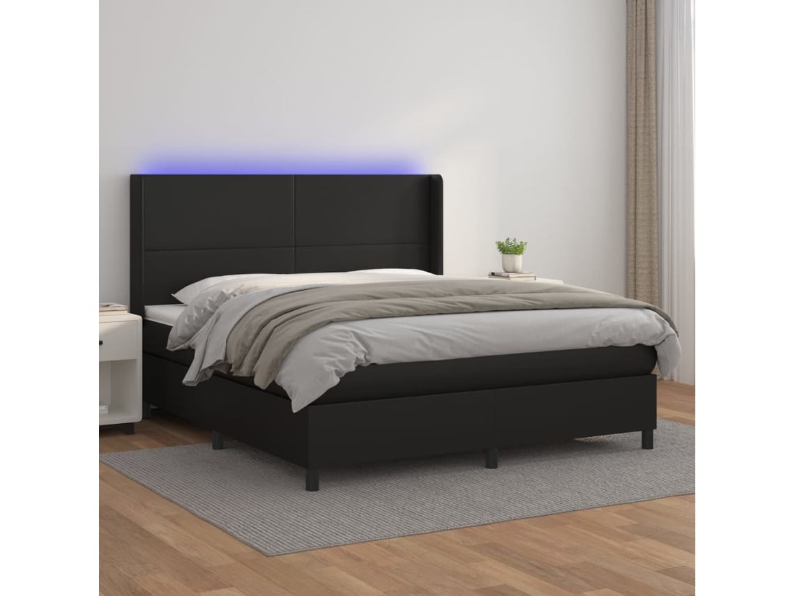 Cama Box Spring Colchón Y Led Cuero Sintético Negro 160x200 Cm