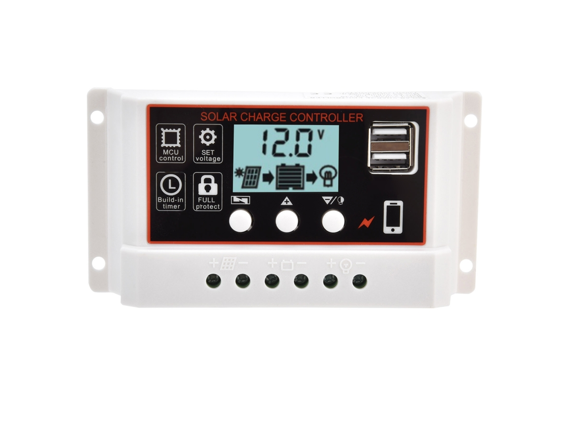Controlador Solar Inteligente De 12v/24v 10a Pwm Con Doble Salida Usb Para Carga Y Descarga De Paneles Solares.