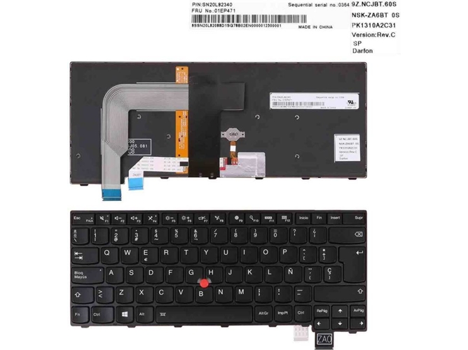 Teclado Retroiluminado para Portátil Lenovo Thinkpad T460S Marco Negro