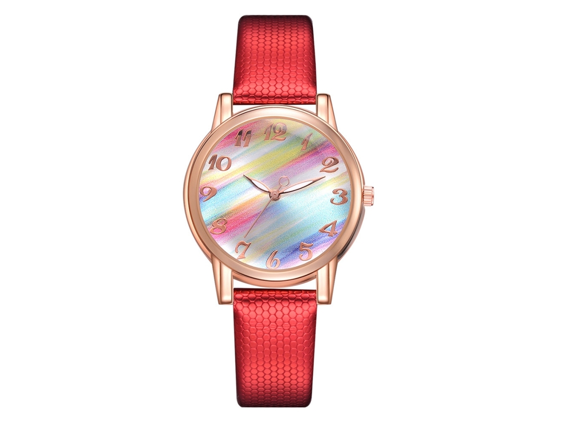 Elegante Reloj De Pulsera Para Mujer Con Esfera Degradada Arcoíris Y Correa De Piel Sintética Roja.