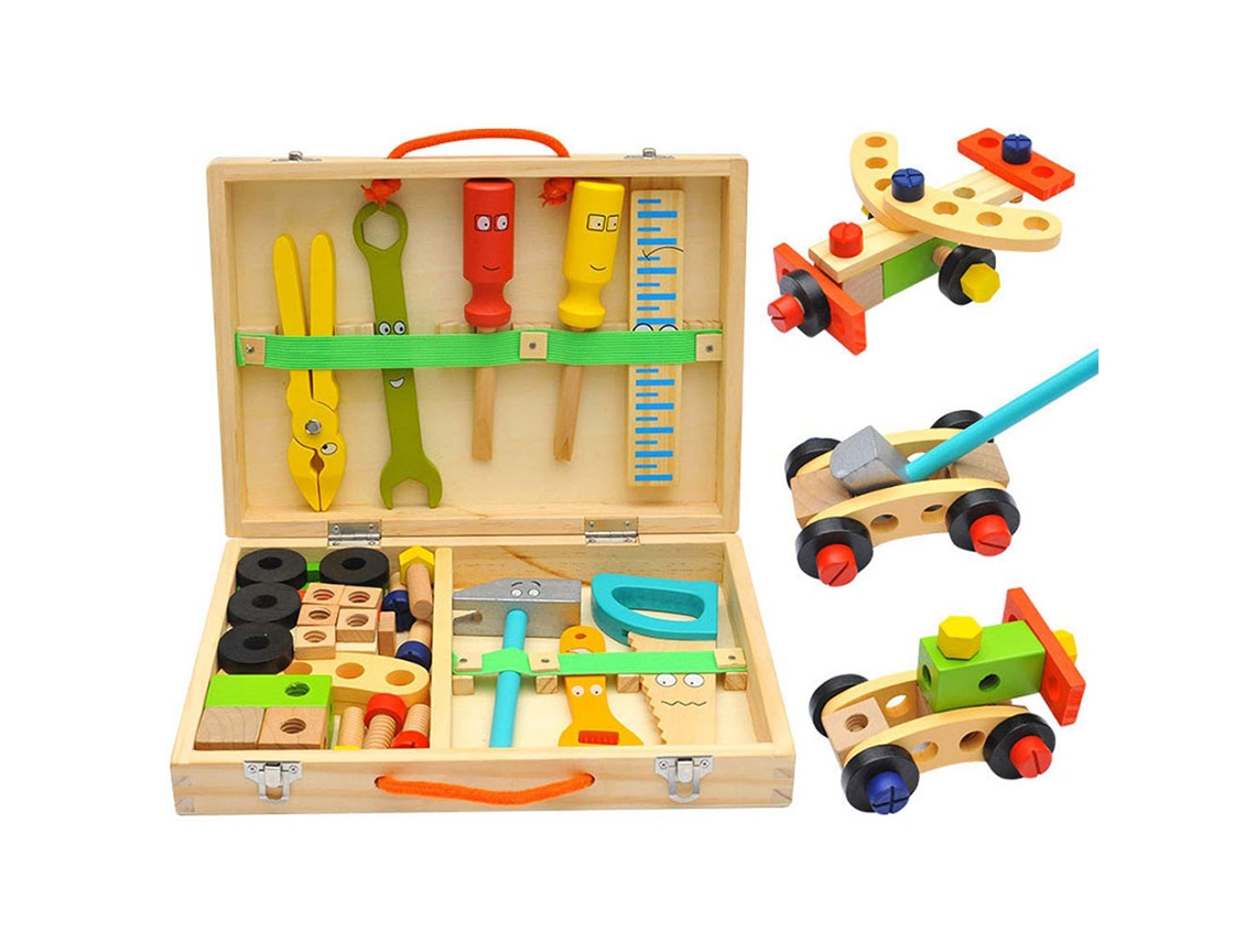 2026-35pcs Set Herramientas Madera Reparación Niños Bebé Caja Herramientas Diy Juguetes Educativos Cartoons Portátiles Multifuncionales