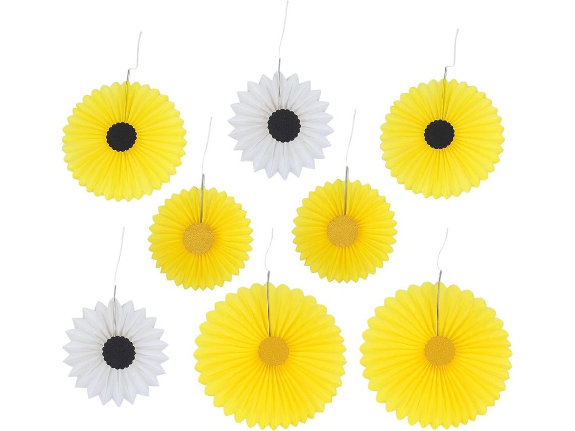 Juego 8 Piezas Guirnaldas Girasoles Papel Blanco Diseño Panal Reutilizables Fáciles Montar Fiestas