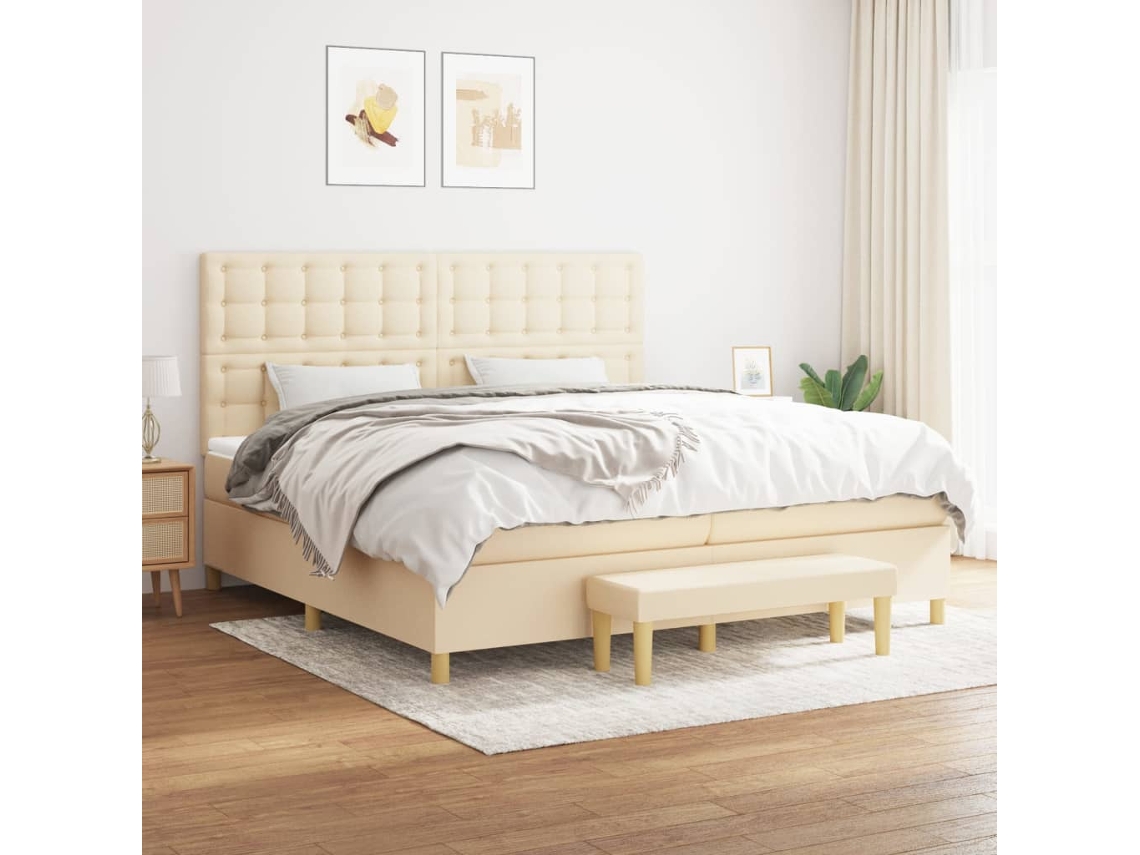 Cama Box Spring Con Colchón Tela Color Crema 200x200 Cm