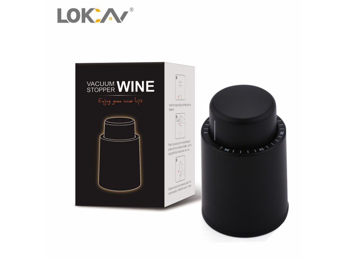 Tapón de vacío para vino, negro, de una sola pieza, con botón pulsador y graduaciones.