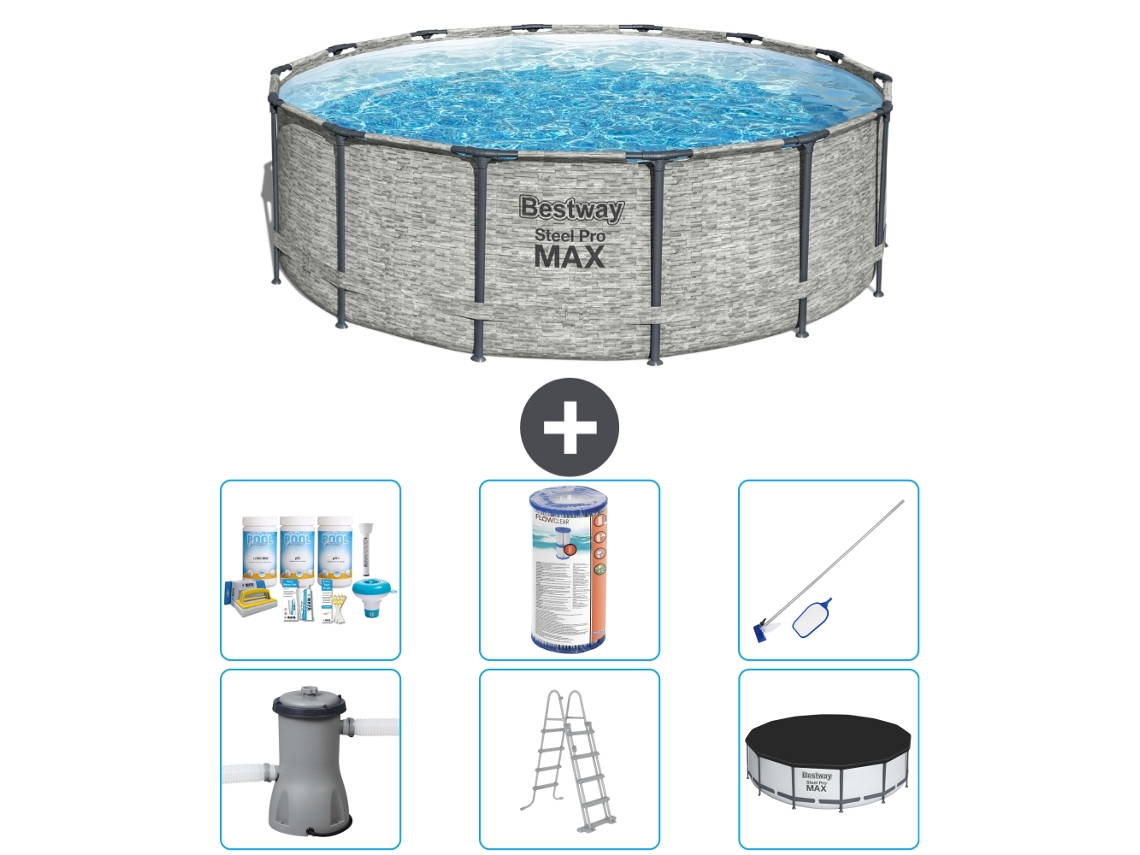 Piscina BESTWAY Round Steel Pro MAX - Estampado Piedra - 427 x 122 cm - Incluye Bomba - Escalera - Cobertor Accesorios CB32
