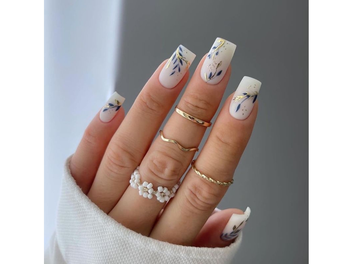 Uñas Postizas Doradas Y Azules Con Lámina, Diseño De Lámina Dorada, Uñas Acrílicas Con Purpurina, Pegatinas De Primavera