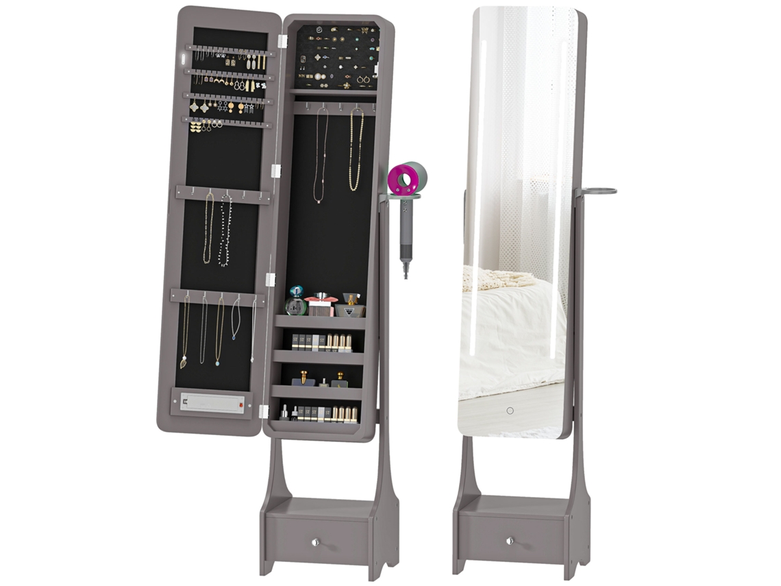 Espejo joyero LED ajustable con cajón y apagado automático, color gris claro.