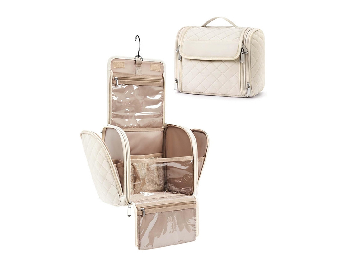 Bolso grande para mujer con gancho, compartimento impermeable para cepillo de dientes y cosméticos - Blanco