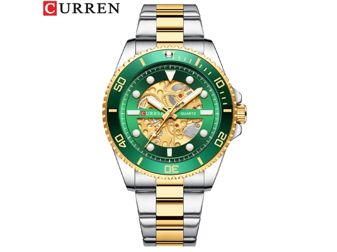 Reloj Casual Para Hombre (verde), Estilo Mecánico, Con Mecanismo De Cuarzo Esqueletizado, Correa De Acero Y Acabado Luminoso.