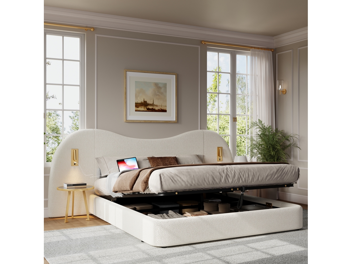 Cama Tapizada Blanca De 180x200 Cm Con Almacenamiento Hidráulico, Puerto Usb Y Luz De Lectura.