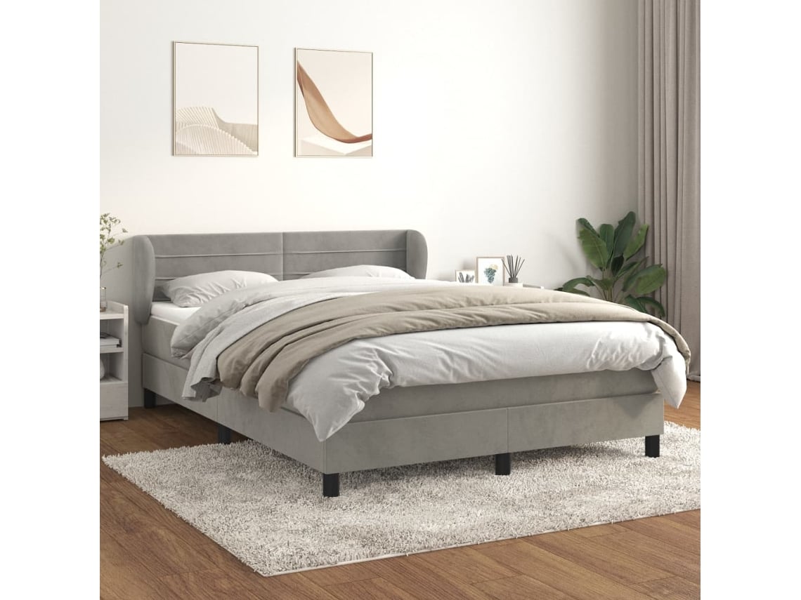 Cama Box Spring Con Colchón Terciopelo Gris Claro 140x190 Cm