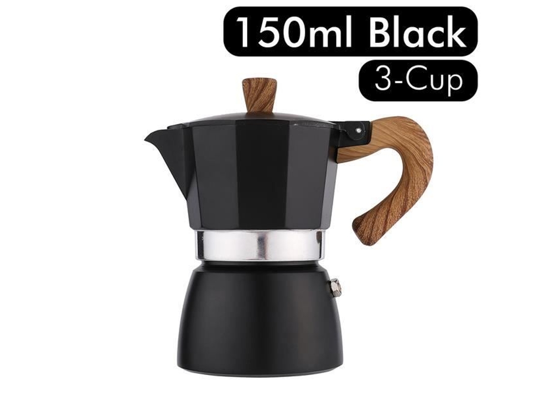 Cafetera negra-150 ml Cafetera espresso italiana de aluminio Moka Mango de madera Colador plateado-rojo-negro Cafetera