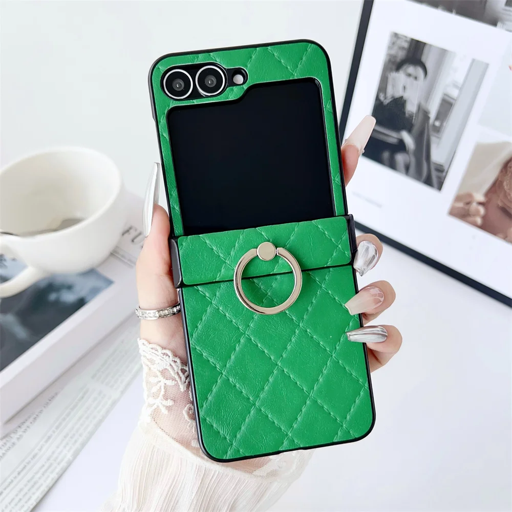 (verde, Galaxy Z Flip6) Funda Para Teléfono De Cuero Genuino Con Diseño De Malla, Soporte De Anillo Y Tapa Abatible A Prueba De Golpes.