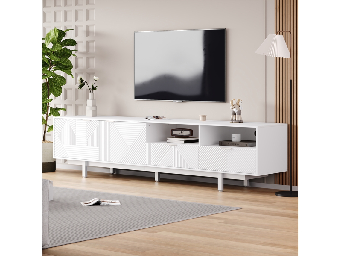 Mueble de TV de 200 cm con 3 compartimentos y 2 cajones. Capacidad máxima para un televisor de 90 pulgadas. Color blanco.