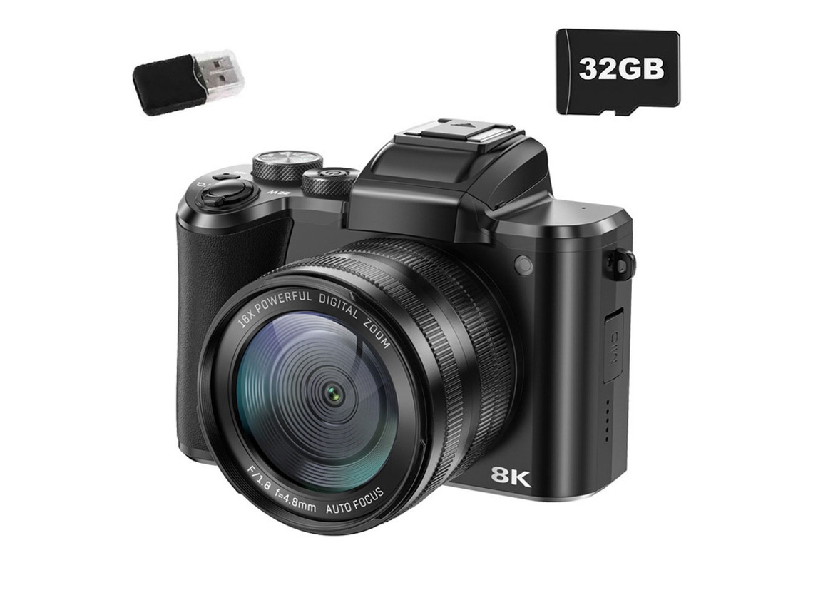 Cámara digital Szsmart DC226 con pantalla HD 8K de 3,2 pulgadas, 88 MP, zoom 16x, Wi-Fi, para vlogs de YouTube, lector de tarjetas (32 GB) - Negra