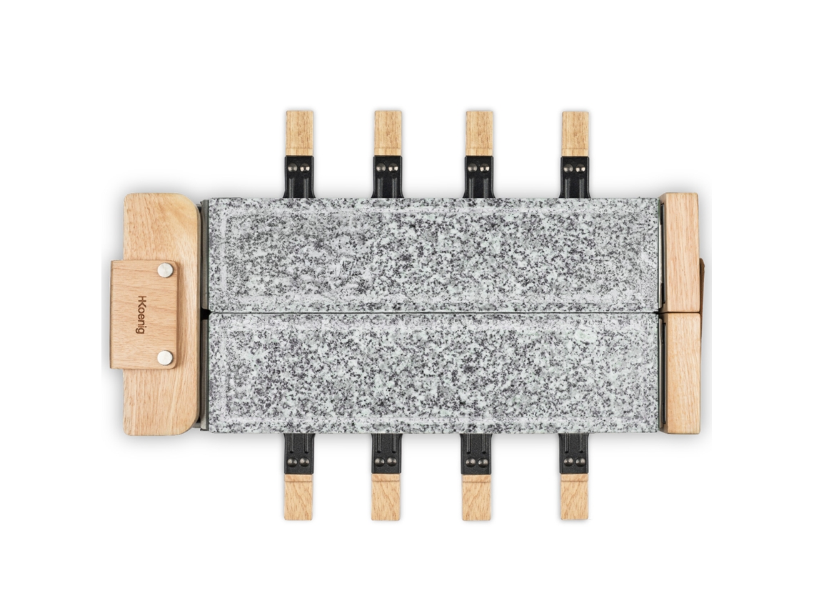 Raclette Wod362 H.KOENIG con base giratoria de 180°, placas de piedra y diseño de madera natural, 1400 W